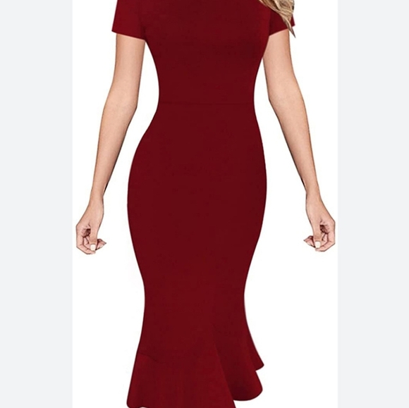 VFSHOW NWT XS RED FITTED MERMAID DRESS Midi, Short sleeved hidden zipper - Picture 3 of 7